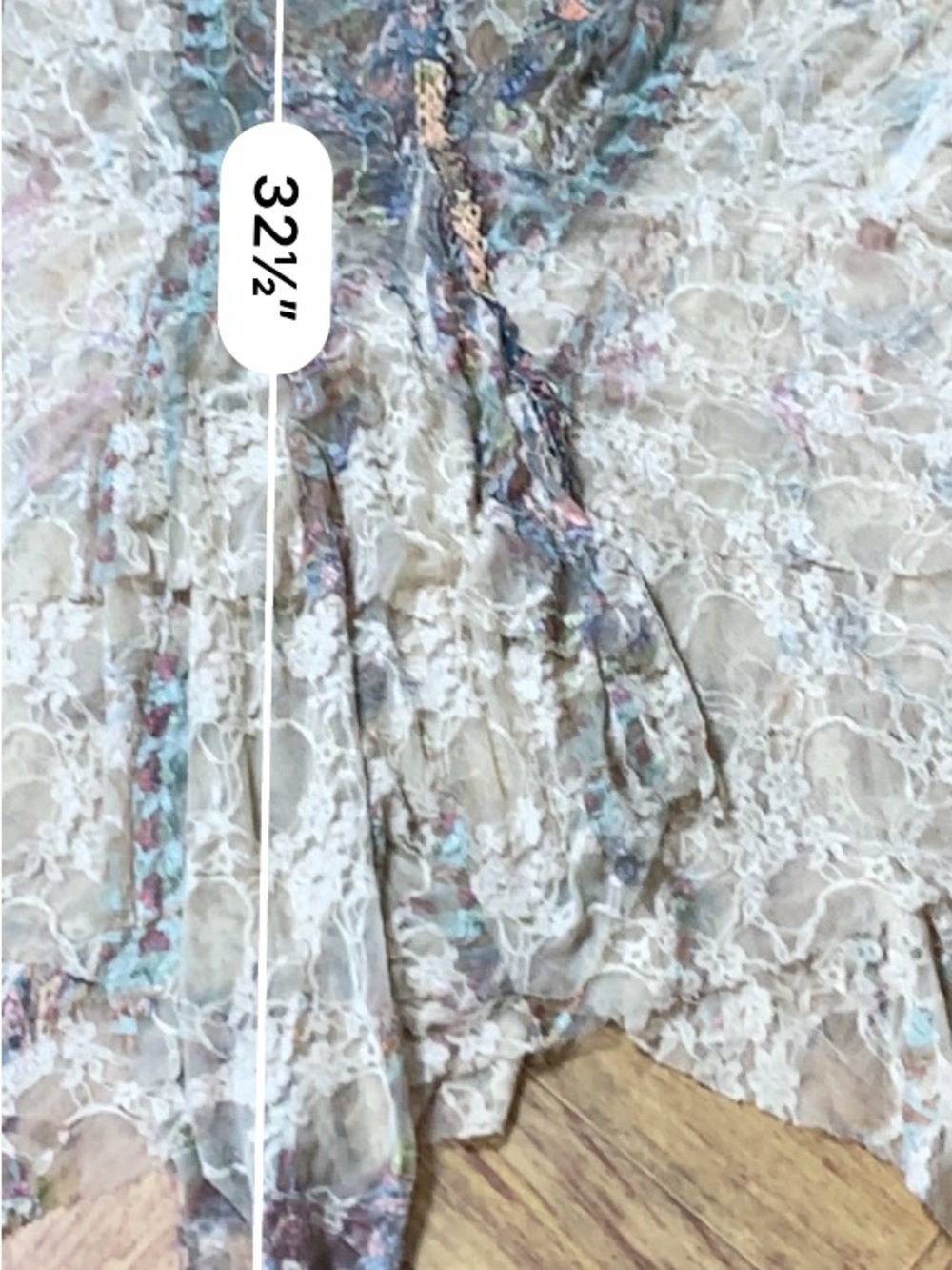 Origami Kimono Cardigan L Beige Lace Hi Low Boho Open Front Ruffle Sheer - Picture 16 of 16
